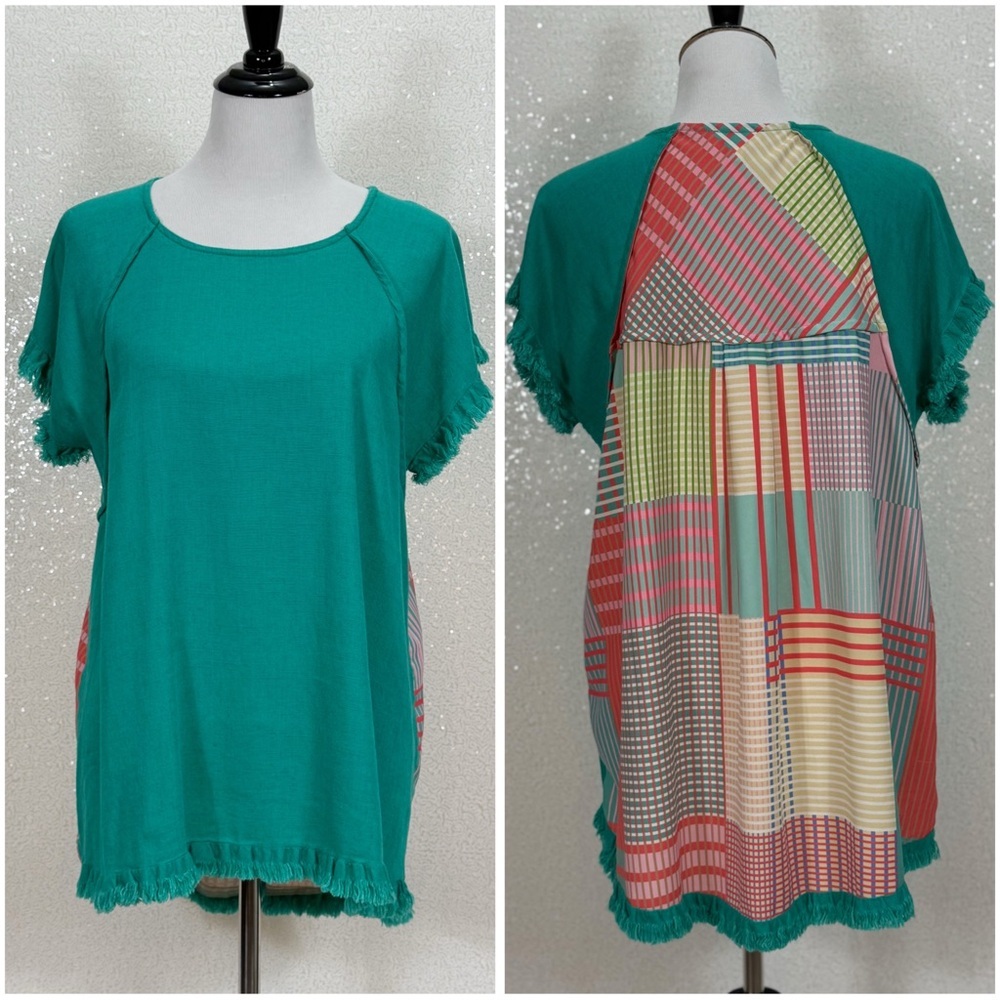 Umgee USA Medium Teal Linen Blend Boho Tunic Top Patchwork Back Short Sleeve